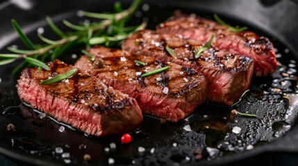 Juicy Grilled Steak with Fresh Herbs and Sea Salt on Cast Iron Skillet