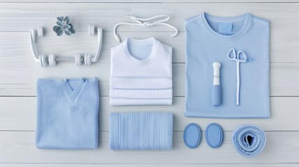 Folded blue and white clothes, including a t-shirt, sweater, and towel, are laid out on a white wooden surface with accessories