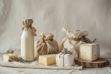 Sustainable Dairy Products: Milk in Glass Bottles and Cheese Wrapped in Cloth with Rustic Decor