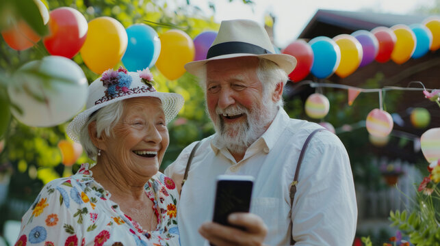 Elderly couple celebrating with balloons, smiling and taking a selfie - Powered by Adobe