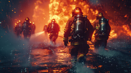 Fototapeta premium Brave firefighters battling intense blaze in heroic action scene