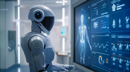 Advanced Medical Robot Analyzing Patient Data on Digital Screen