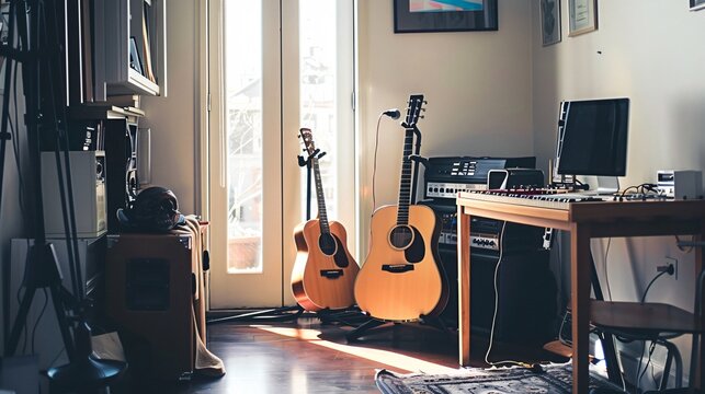 A simple setup with a single musical instrument, such as a guitar or keyboard, placed in a clean, uncluttered room with soft natural light