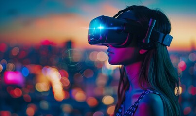girl wearing virtual reality goggles and exploring cyberspace while standing against blurred cityscape