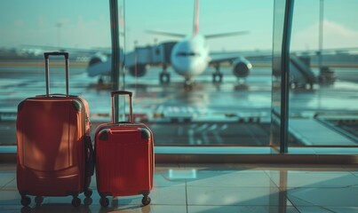 modern suitcases on handle placed on floor against plane behind glass wall in airport
