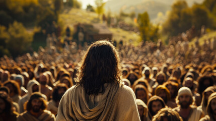 Jesus Preaching to a Large Crowd in a Serene Outdoor Setting