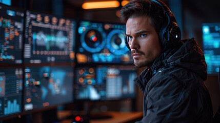 Fototapeta premium A hacker with focused eyes, wearing a black jacket and headphones, at a workstation with multiple monitors displaying hacking software.