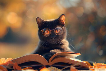 Cat with a book. National Book Lovers Day concept. Funny illustration for book day. Cozy leisure with a book. Сat is a book lover.