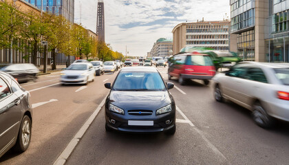 Fototapeta premium Car driving fast in busy traffic alongside other vehicles on street . Concept City traffic