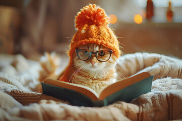 Cat with a book. Cat wearing kitted hat reads a book. National Book Lovers Day concept. Funny illustration for book day. Winter cozy weekend with a book.  