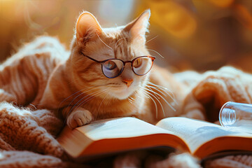 Cat with a book. National Book Lovers Day concept. Funny illustration for book day. Book lore cat. Сat is a book lover.