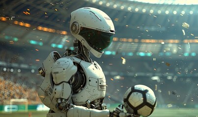 Fototapeta premium robot playing a soccer match in a pitch of a stadium full of supports