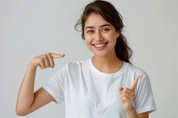 Smiling Woman Pointing with Friendly Gesture
