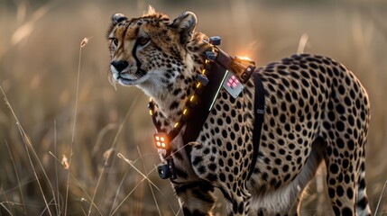 Naklejka premium A sleek cheetah wearing a light harness equipped with cameras and sensors, symbolizing the intersection of technology and wildlife observation.