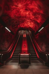 Moody subway scene with escalator, striking red wall Red hue symbolizes depth, contrasted with