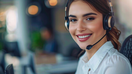 A young woman, a customer support call center operator or receptionist, wears a headset at her workplace, providing help service and client consulting, smiling.
