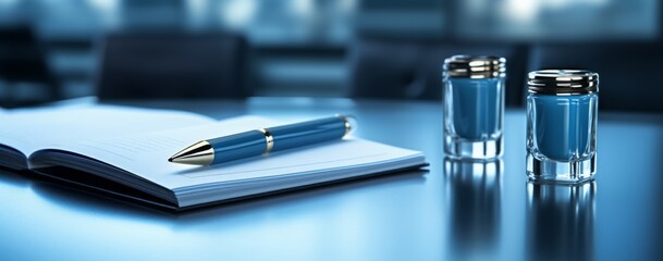 Notepad on a table with pen before meeting, blue tone, business concept with copy space
