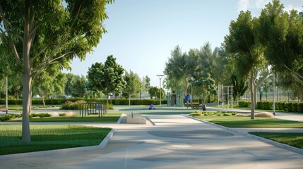 Obraz premium A dense row of trees creates a natural tunnel, casting dappled sunlight on a grassy path