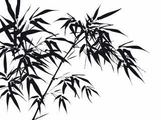 Fototapeta premium Bamboo leaves, vector illustration style, black and white silhouette on a white background, high resolution, high quality, high detail with simple lines and minimalist details. A close-up of bamboo sh