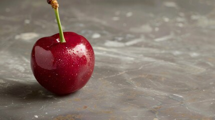 A single, plump cherry with a deep red color and green stem, placed on a smooth, neutral surface