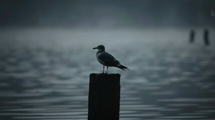   A bird perched atop a wooden post amidst a hazy body of water