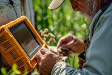 Beekeeper Using Digital Equipment to Monitor Hive Health in Apiary, Close Up on Advanced Device