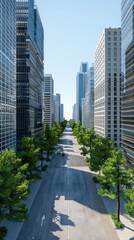 A view down a city street with tall buildings on either side and trees lining the sidewalk. A single car is visible driving down the street