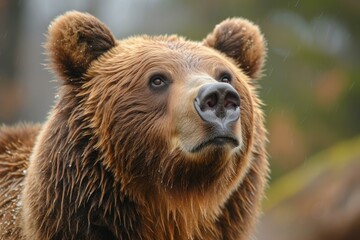 Obraz premium Close-up of a brown bear's face with raindrops, showcasing its serene expression