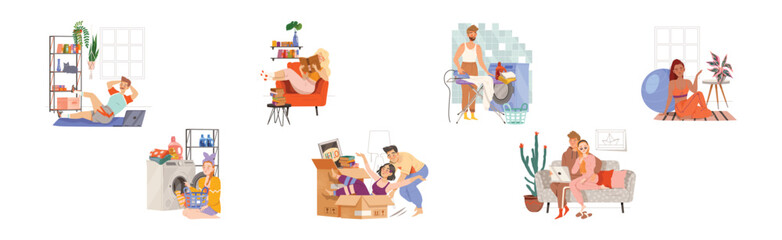 Happy People Character at Home Engaged in Different Activity Vector Set