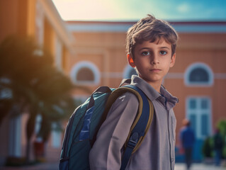 Fototapeta premium Portrait of Arabic boy, with a backpack, standing near the school 