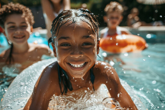 group of diverse children in swimming pool with inflatable ring circles, smiling kids wearing swimwear at outdoor summer pool party portrait