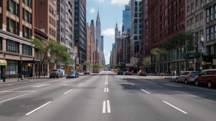Fototapeta premium A high-angle view of a bustling Tokyo cityscape, featuring a network of elevated highways winding through the dense urban environment, leading to a towering skyline against a clear blue sky