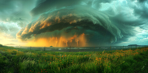 A strong hurricane over the sea with rain and lightning,Generated by AI