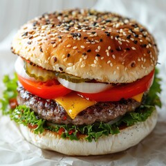 Classic American Delight: Juicy Hamburger with Fresh Lettuce, Tomato, and Cheese Isolated on a White Background - A Tasty Icon.