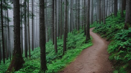 Fototapeta premium A dirt road winds through a lush green mountain valley, with snow-capped peaks in the distance