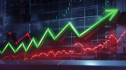 A stock market chart with a glowing green arrow climbing upwards and a red arrow descending, representing clear bullish and bearish trends.