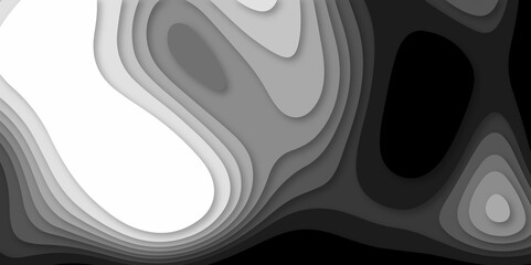 Difference type abstract 3D art paper cut monochrome height map topographical pattern, smooth gradients of white, black and grey abstract paper art with layer lines creating of depth and contour.