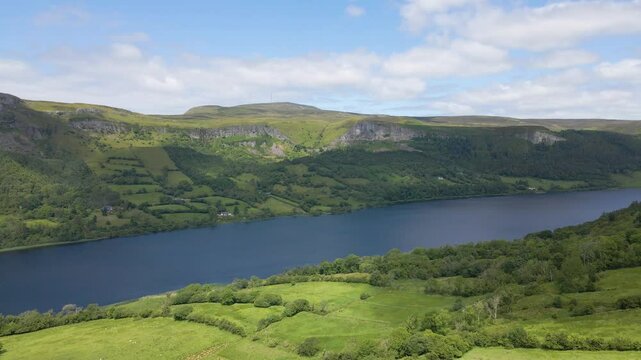 Drone footage of a lake in a valley in the mountains, Glencar, Leitrim, Sligo, Ireland