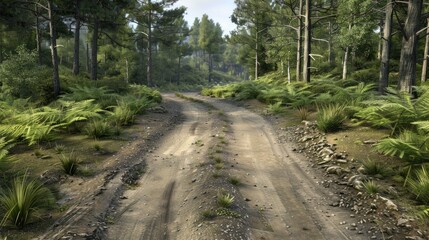 Fototapeta premium A dirt road winds through a lush green mountain valley, with snow-capped peaks in the distance
