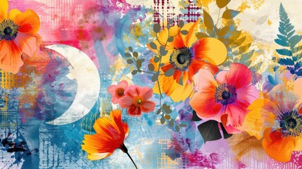 A striking combination of bold spring flowers, crescent moons, and abstract botanical elements layered on a colorful vintage background.