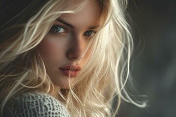 Intimate close-up of a young woman with striking features and flowing blonde hair