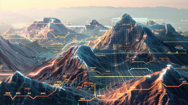 A surreal 3D landscape where mountain ranges are marked with glowing data grids and flowing lines illustrating advanced data visualization.
