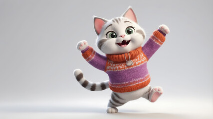 Funny kitten dancing on a light background mockup template.