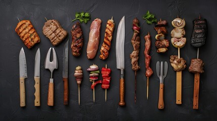 A variety of grilled meats and vegetables are arranged on skewers alongside kitchen utensils