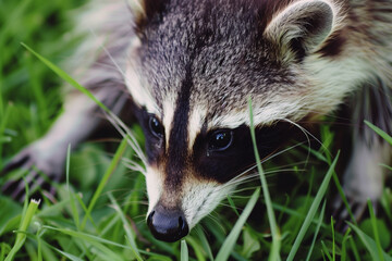 Raccoon hiding in tall grass with detailed fur and focused expression

