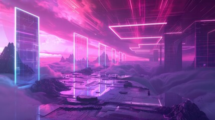 A surreal cyberpunk landscape with distorted digital horizons and overlapping neon holograms, creating an immersive virtual reality environment.