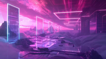Wandcirkels Pruimkleur A surreal cyberpunk landscape with distorted digital horizons and overlapping neon holograms, creating an immersive virtual reality environment.  © Muhammad