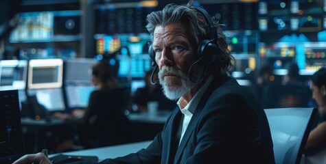 Fototapeta premium Middle-aged businessman wearing headset working in modern control room with multiple screens