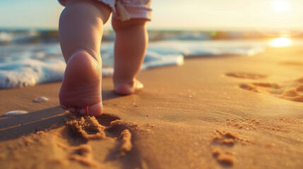 Baby's first steps on the beach at sunset with copy space
