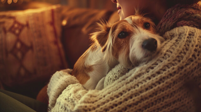 Cozy therapy dog cuddling with owner in warm living room

